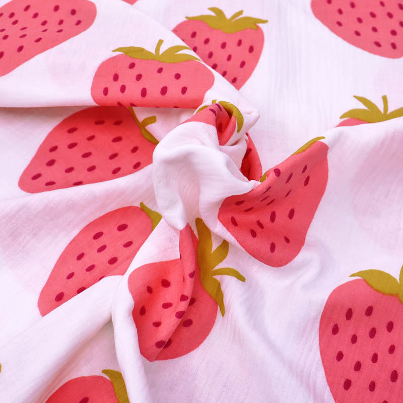 White Cotton Double Gauze Fabric Big Strawberry Fabrics Galore
