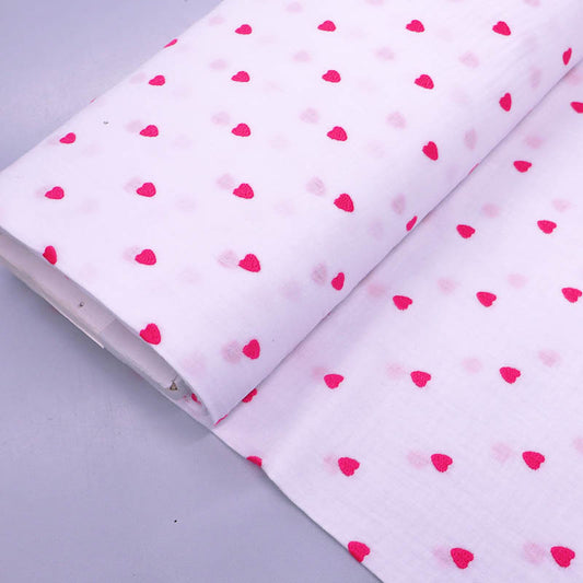 White Cotton Double Gauze - Neon Pink Hearts