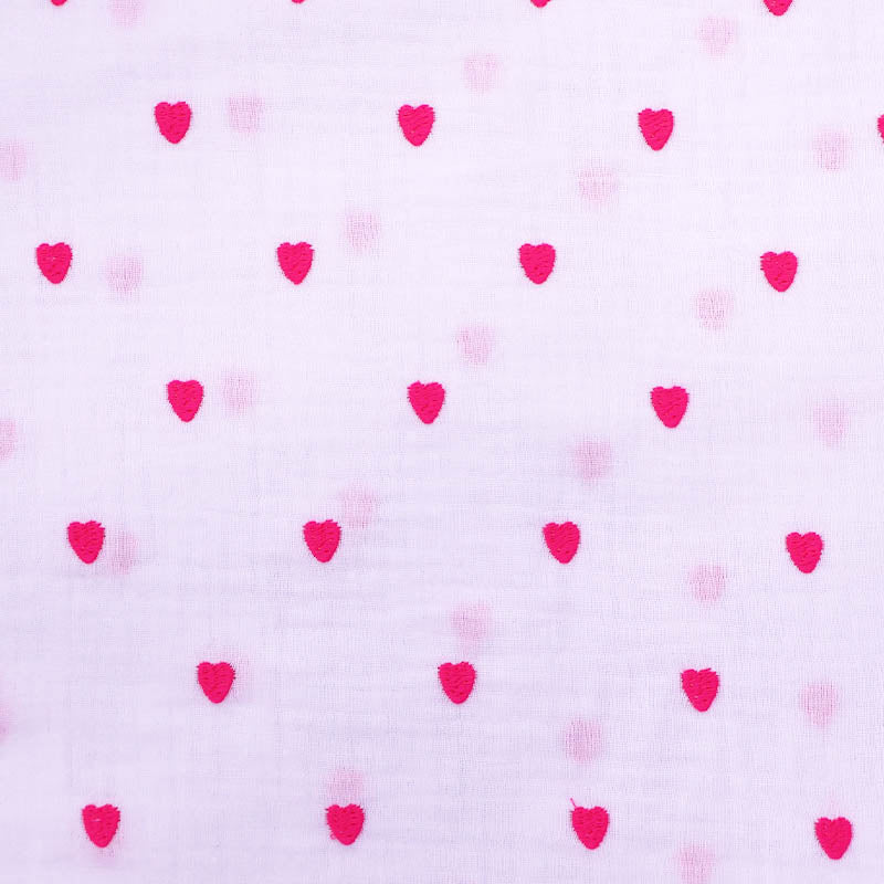 100% Cotton White Double Gauze Fabric - Neon Pink Hearts