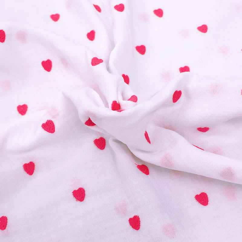 100% Cotton White Double Gauze Fabric - Neon Pink Hearts