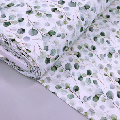 100% Cotton  White Double Gauze Fabric - Eucalyptus Print