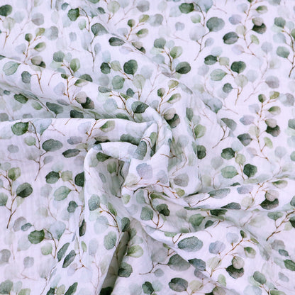 100% Cotton White Double Gauze Fabric - Eucalyptus Print