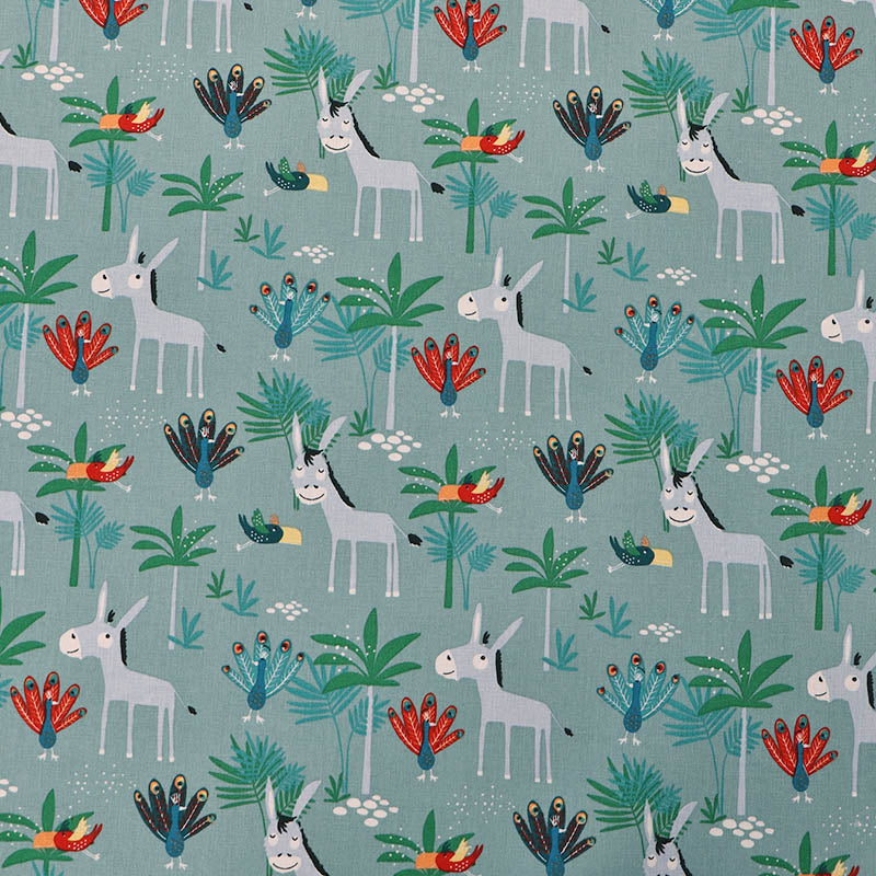 100% Cotton Aqua Blue Novelty Cotton Fabric - Donkey and Peacocks