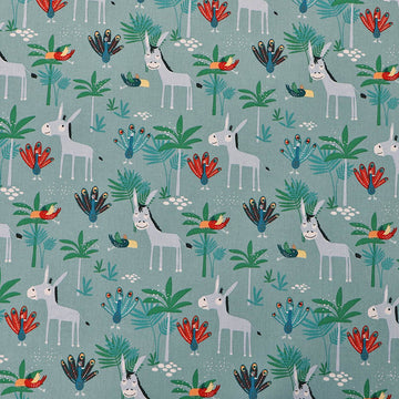 100% Cotton Aqua Blue Novelty Cotton Fabric - Donkey and Peacocks
