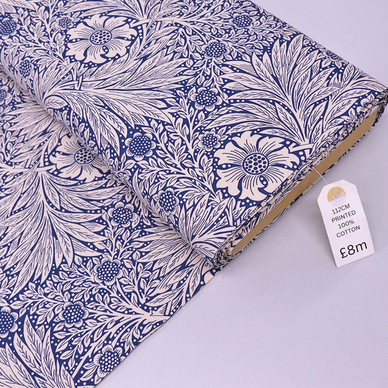 100% Cotton Floral Cotton Fabric - Navy and Cream - William Morris style floral
