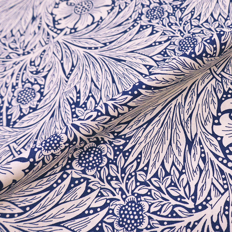 100% Cotton Floral Cotton Fabric - Navy and Cream  botanical flower and leaf print