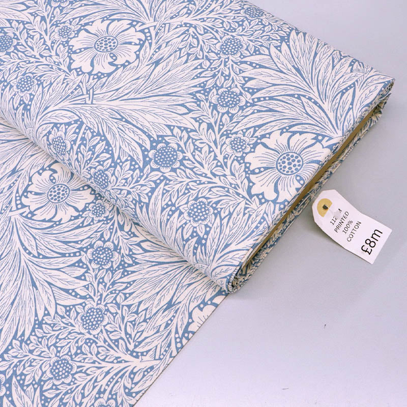 100% Cotton Floral Cotton Fabric - Pale Blue and Cream Botanical print in style of William Morris