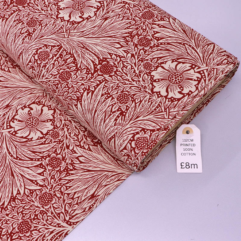 100% Cotton Floral Cotton Fabric - Red and Cream Botanical print in the style of William Morris