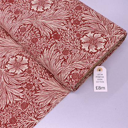 100% Cotton Floral Cotton Fabric - Red and Cream Botanical print in the style of William Morris