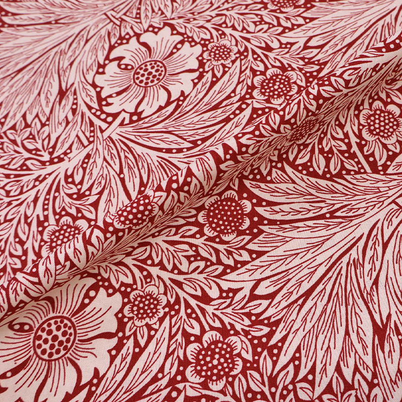 100% Cotton Floral Cotton Fabric - Red and Cream Botanical print in the style of William Morris