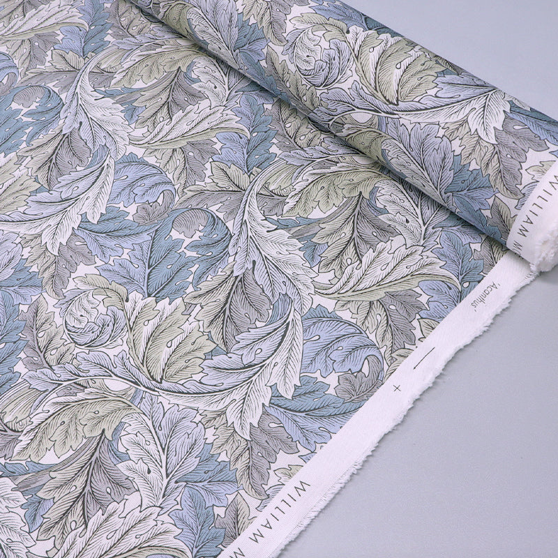 100% cotton panama William Morris Furnishing Fabric - Pale Grey and Blue Botanical Leaf print