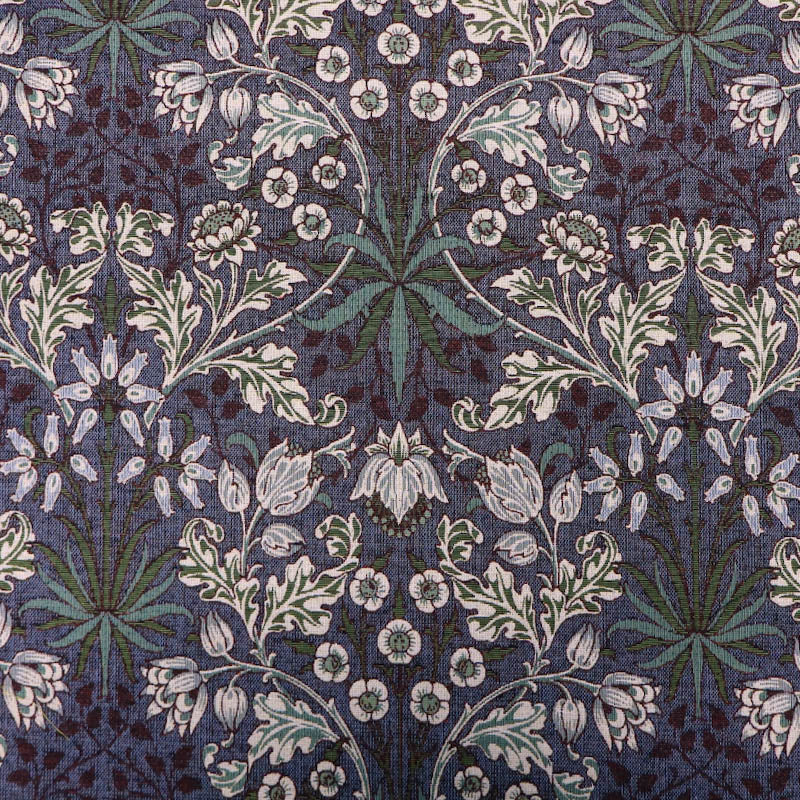 80% Cotton 20% Polyester William Morris Tapestry Fabric - Hyacinth Azure Botanical Print in dark blue