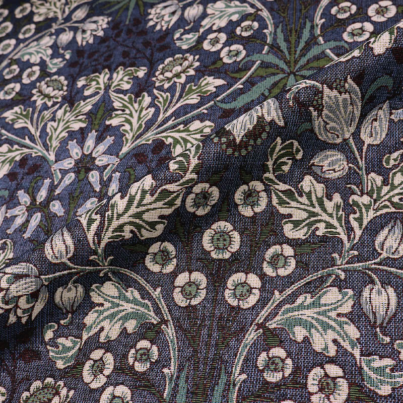 80% Cotton 20% Polyester William Morris Tapestry Fabric - Hyacinth Azure Botanical Print in dark blue