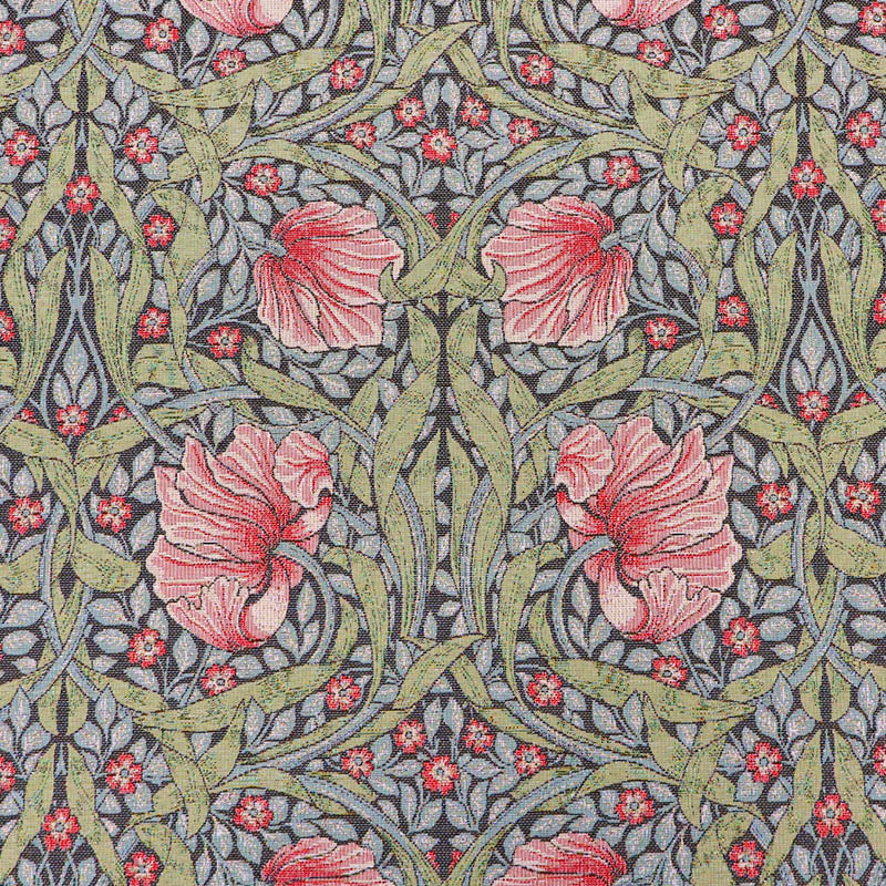 80% Cotton 20% Polyester William Morris Tapestry Fabric - Pimpernel Floral pattern with pink flowers and green leaves on a dark blue background
