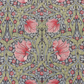 80% Cotton 20% Polyester William Morris Tapestry Fabric - Pimpernel Floral pattern with pink flowers and green leaves on a dark blue background