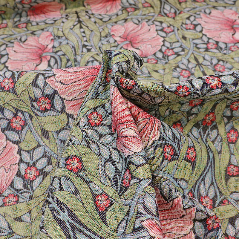80% Cotton 20% Polyester William Morris Tapestry Fabric - Pimpernel Floral pattern with pink flowers and green leaves on a dark blue background