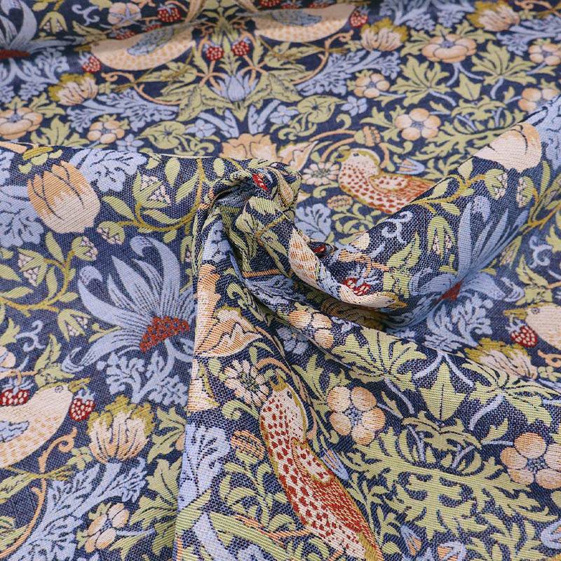 80% Cotton 20% Polyester William Morris Tapestry Fabric - Strawberry Thief in Navy Blue