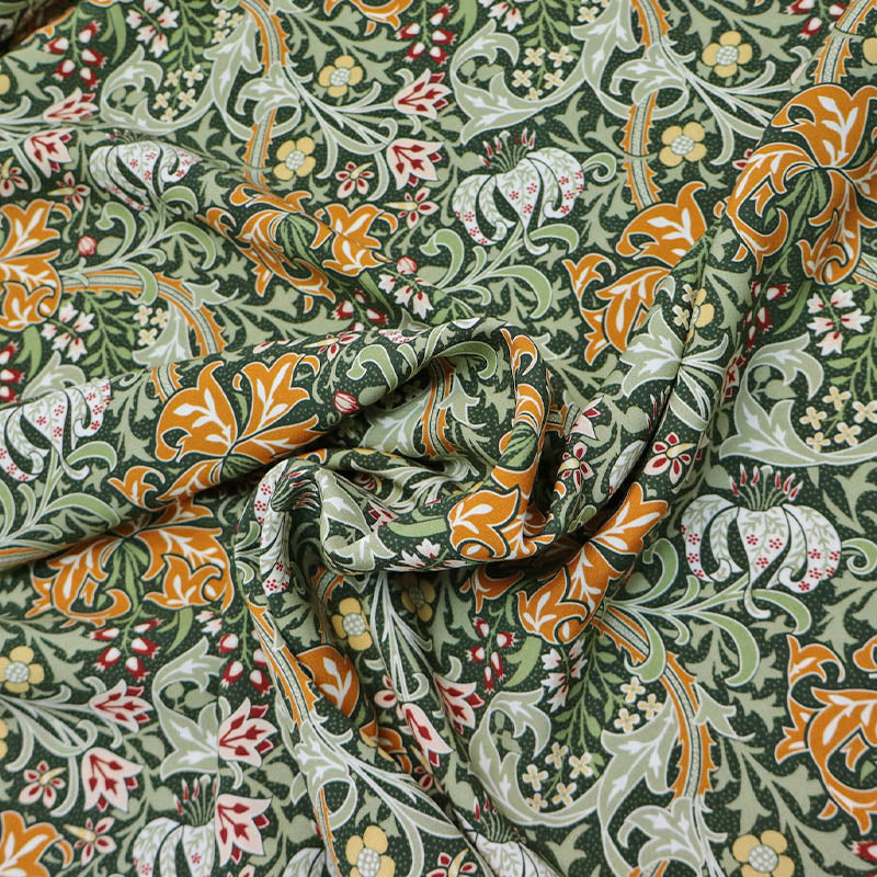 William Morris Green Floral Viscose Fabric Golden Lily
