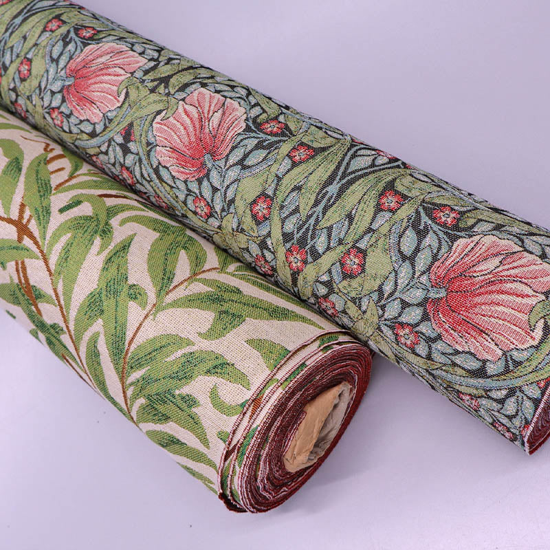 William Morris tapestry fabrics - Willow Bough in sage green and Pimpernel in green blue and red 