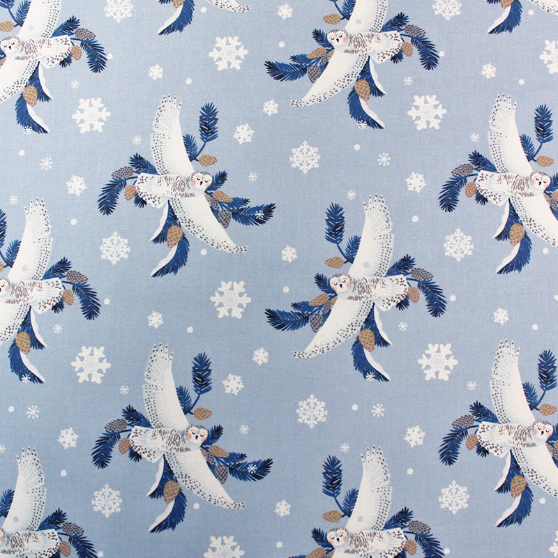 Pale Blue Owl Printed Winter themed 100% Cotton Fabric