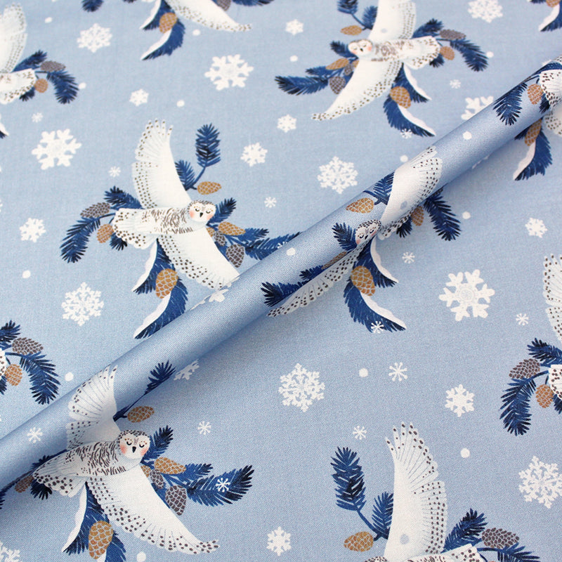 Pale Blue Owl Printed Winter themed 100% Cotton Fabric