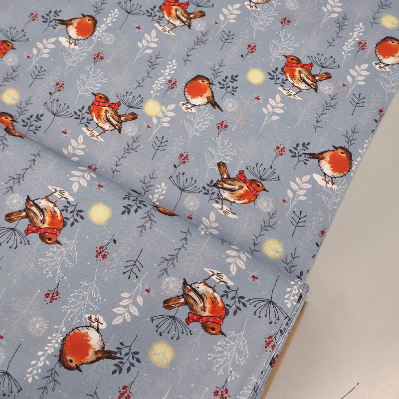Wintery Printed Cotton - Pale Grey - Robin