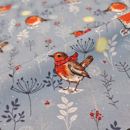 Wintery Printed Cotton - Pale Grey - Robin