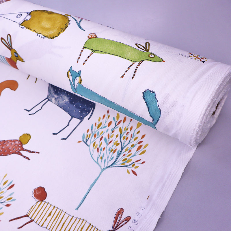 100% Cotton White Furnishing Fabric - Woodland Animals