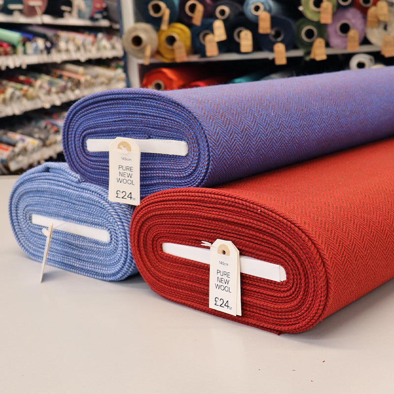 100% Pure New Wool Herringbone Fabric  Rolls -  Cherry Red, Cobalt Blue and Pale Blue
