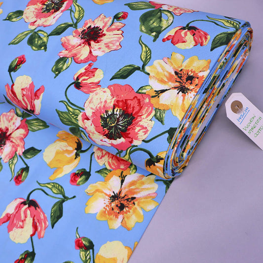 97% Cotton 3% Spandex Blue Stretch Cotton Fabric - Pink Poppies