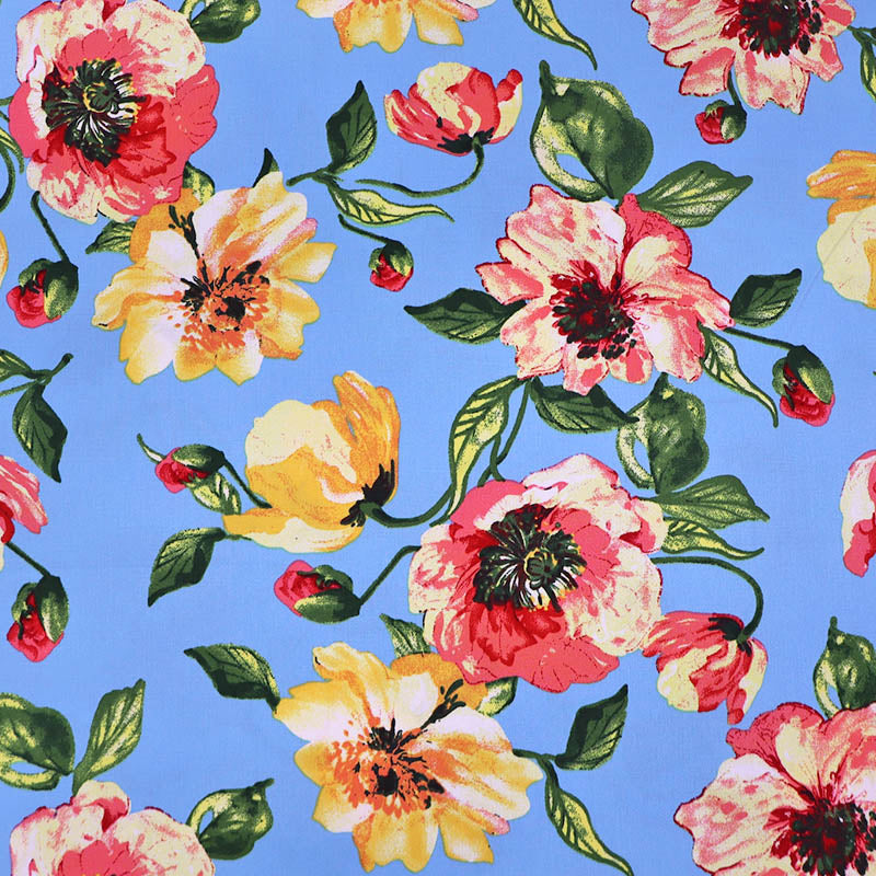 97% Cotton 3% Spandex Blue Stretch Cotton Fabric - Pink Poppies