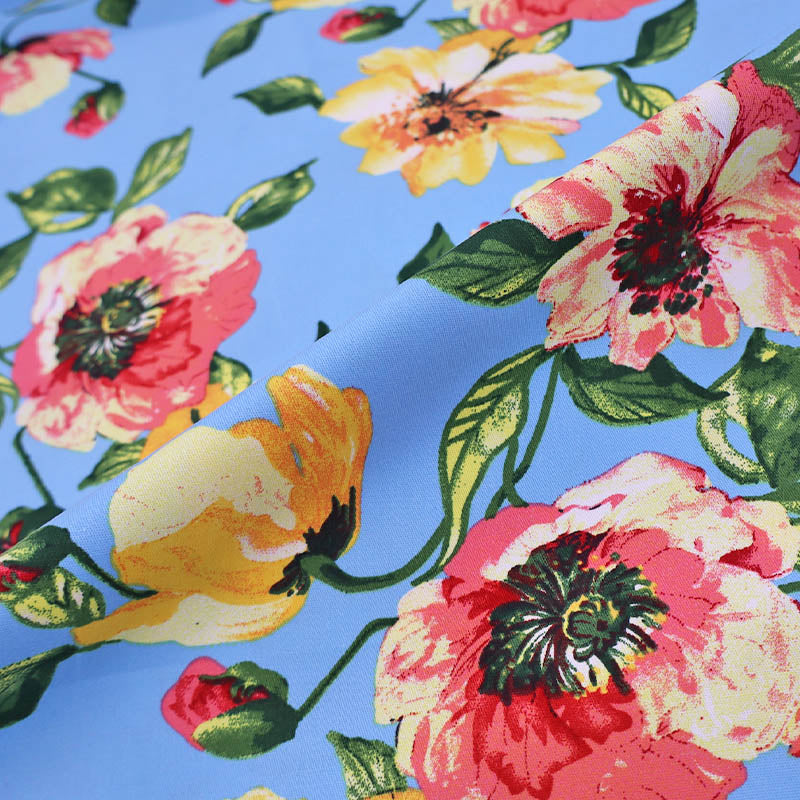97% Cotton 3% Spandex Blue Stretch Cotton Fabric - Pink Poppies