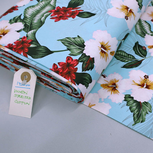 97% Cotton 3% Spandex Turquoise Blue Stretch Cotton Fabric - Tropical Garland