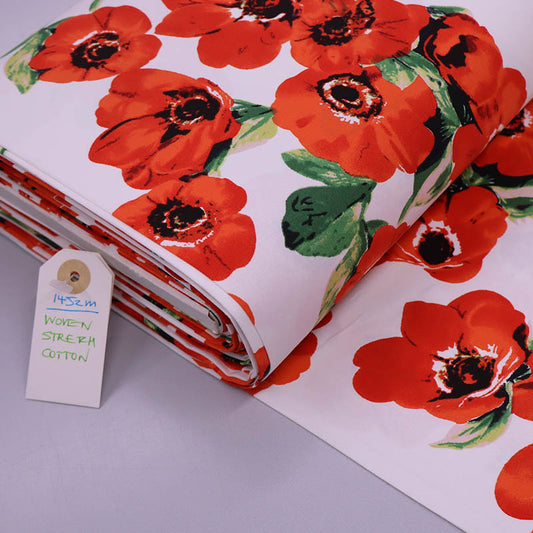 97% Cotton 3% Spandex Stretch Cotton Fabric - White with Red Poppies