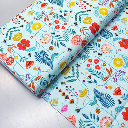 Aqua Blue Cotton Floral and Bee Fabric