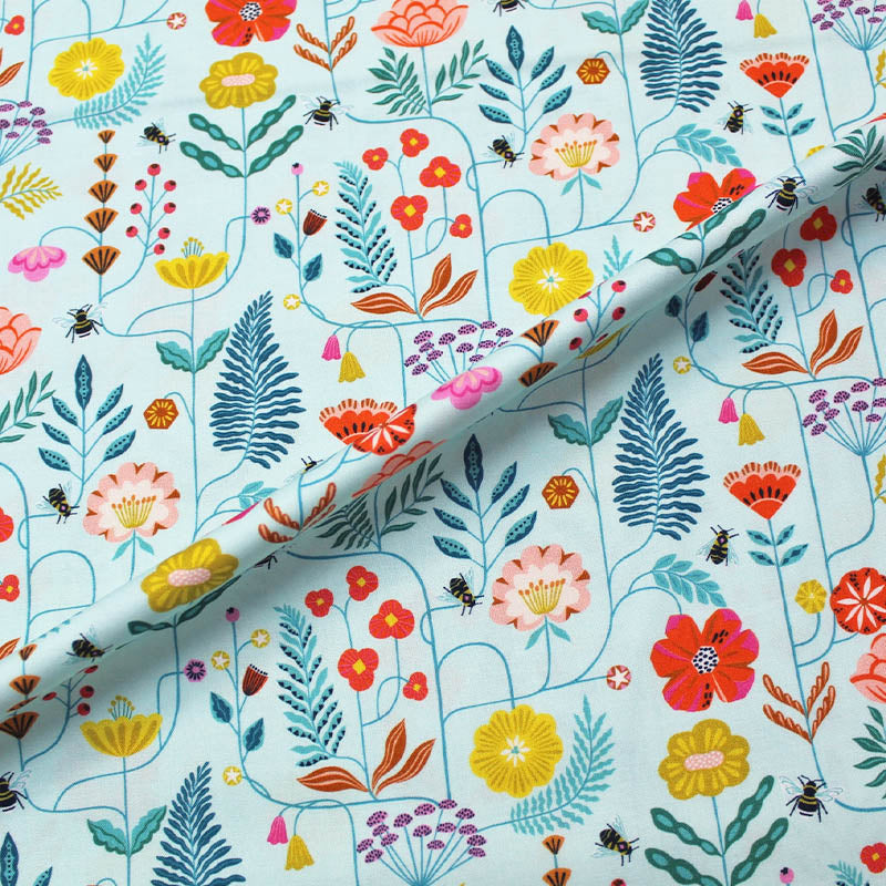 Aqua Blue Cotton Floral and Bee Fabric