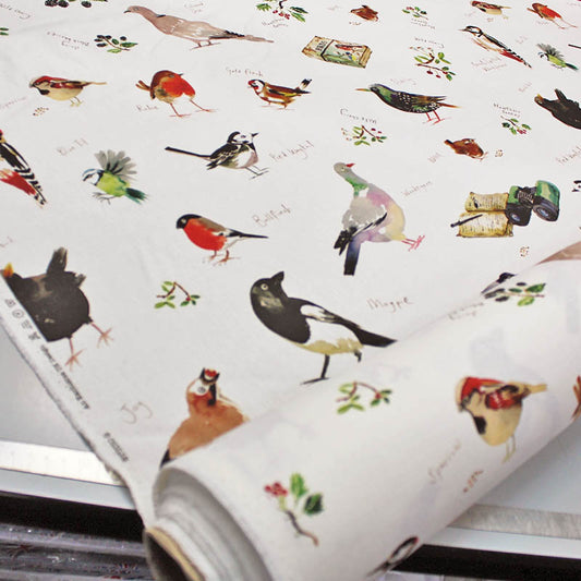 bird watching print home furnishing fabric white 100% cotton