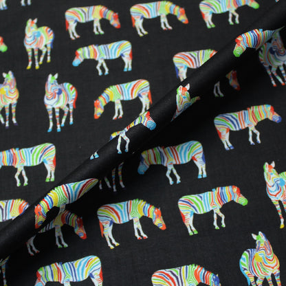 Black 100% Cotton Poplin - Multi Coloured Zebras