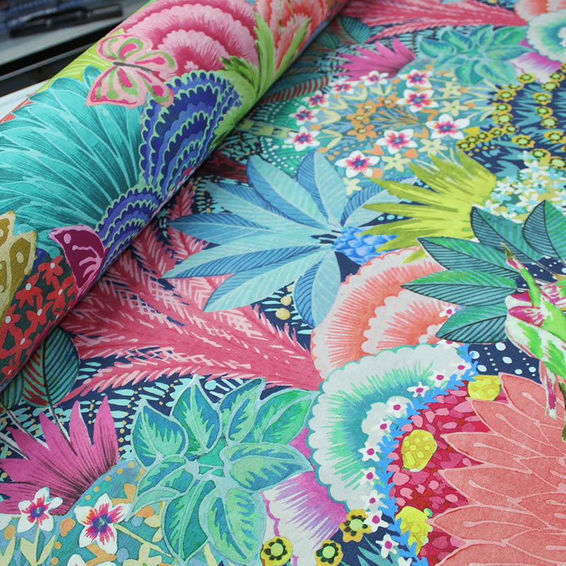 Bright blue and pink tropical furnishing fabric 100% cotton