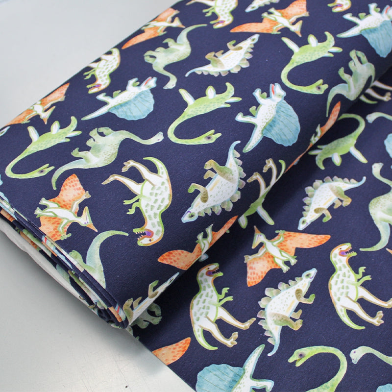 Children's Dinosaur Print Navy Jersey Fabric