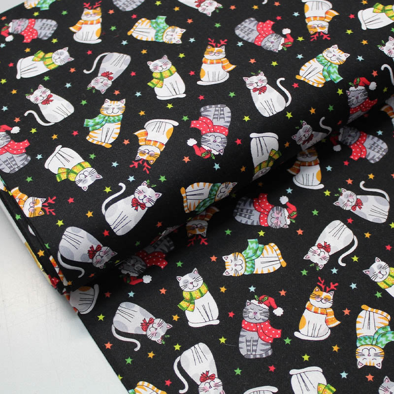 Christmas Cats Black Cotton Fabric