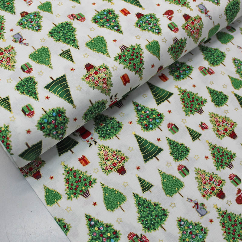 White Christmas Fabric - Green Christmas Tree
