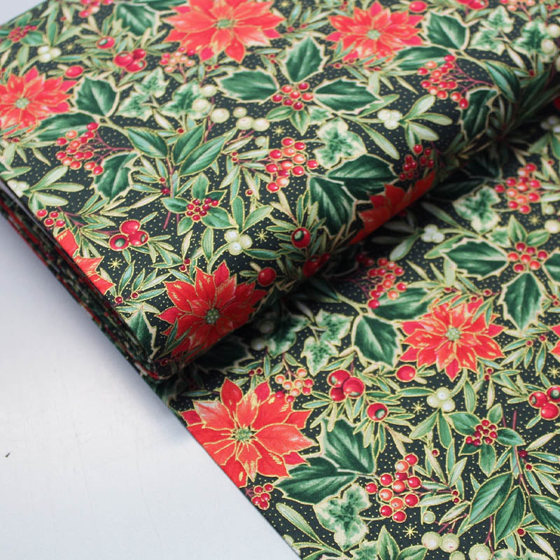 Green , Gold and Red Poinsettia Christmas Fabric