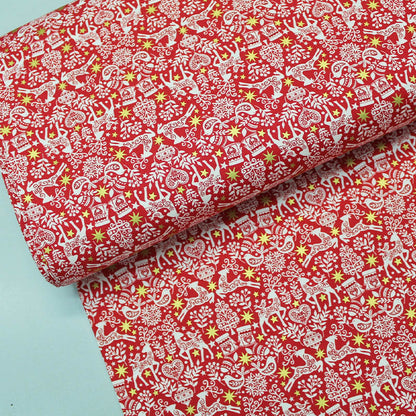 Red Christmas Scandi Fabric - Stags