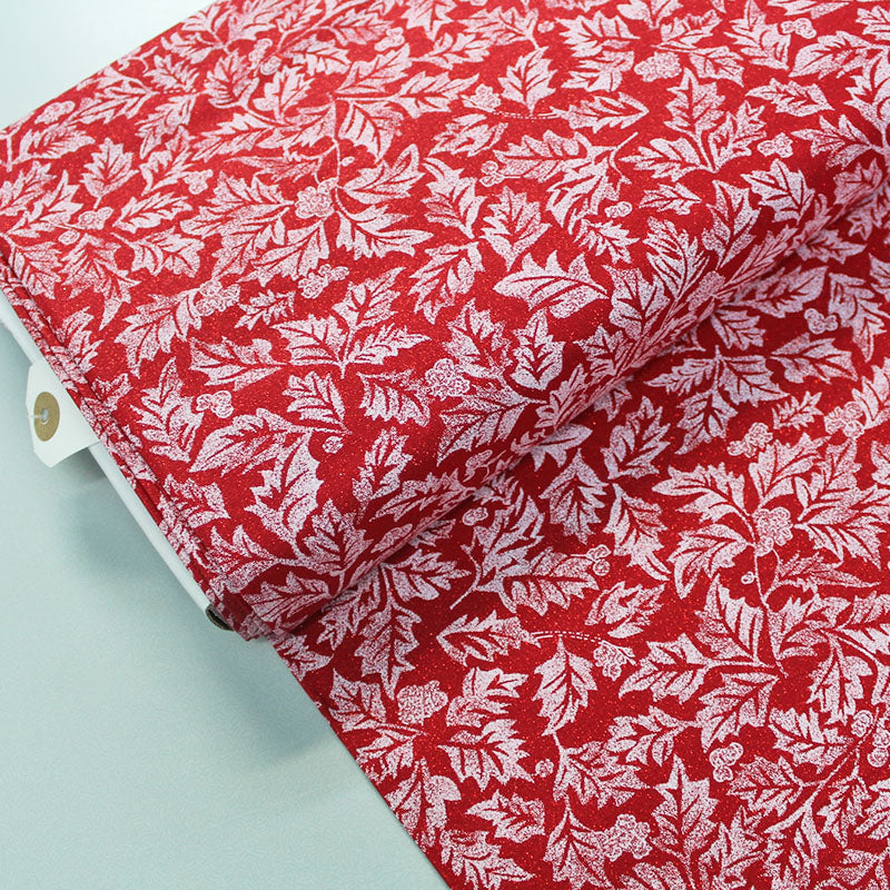 Red Glitter Leaf Print Christmas Cotton Fabric