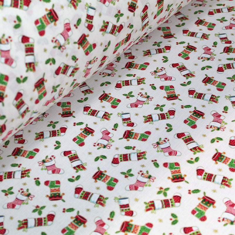 White Stocking Print Christmas fabric