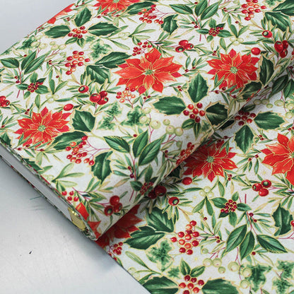 White, Red and Green Poinsettia Christmas Fabric
