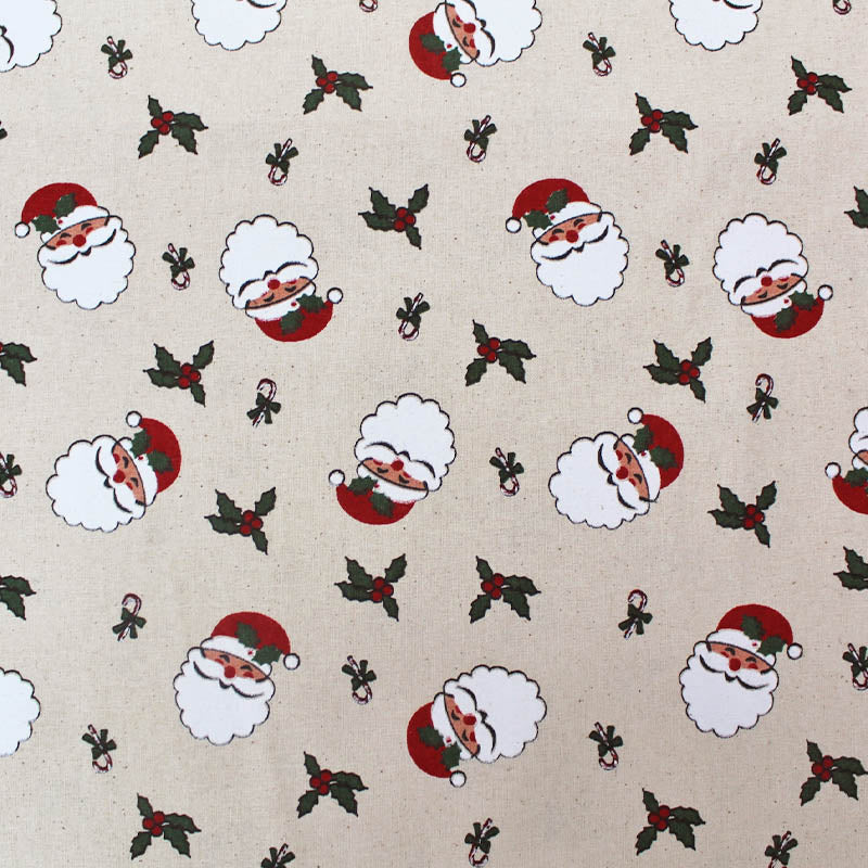 Cream Christmas Santa & Holly Cotton Fabric