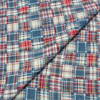 blue and red patchwork reversible double gauze fabric