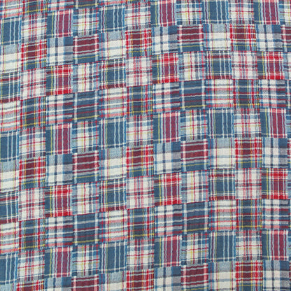 blue and red patchwork reversible double gauze fabric
